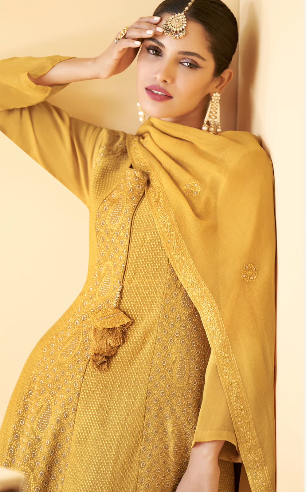 Designer Bright Yellow Georgette Pakistani Style Sharara Suit - Image 2