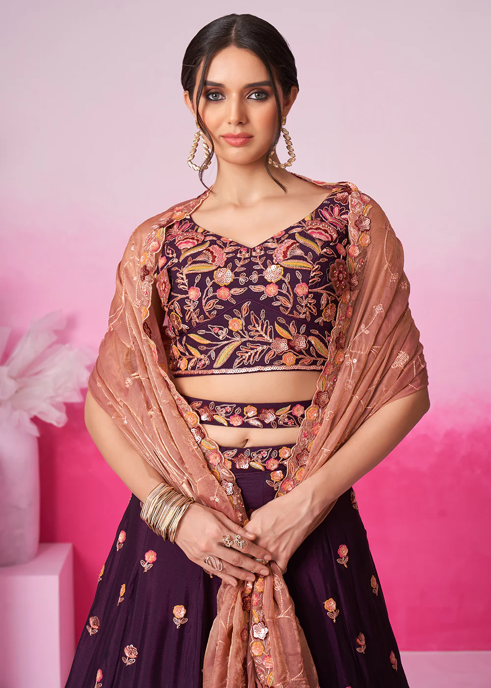 Designer Burgundy Chiffon Embroidered Wedding Lehenga Choli - Image 2
