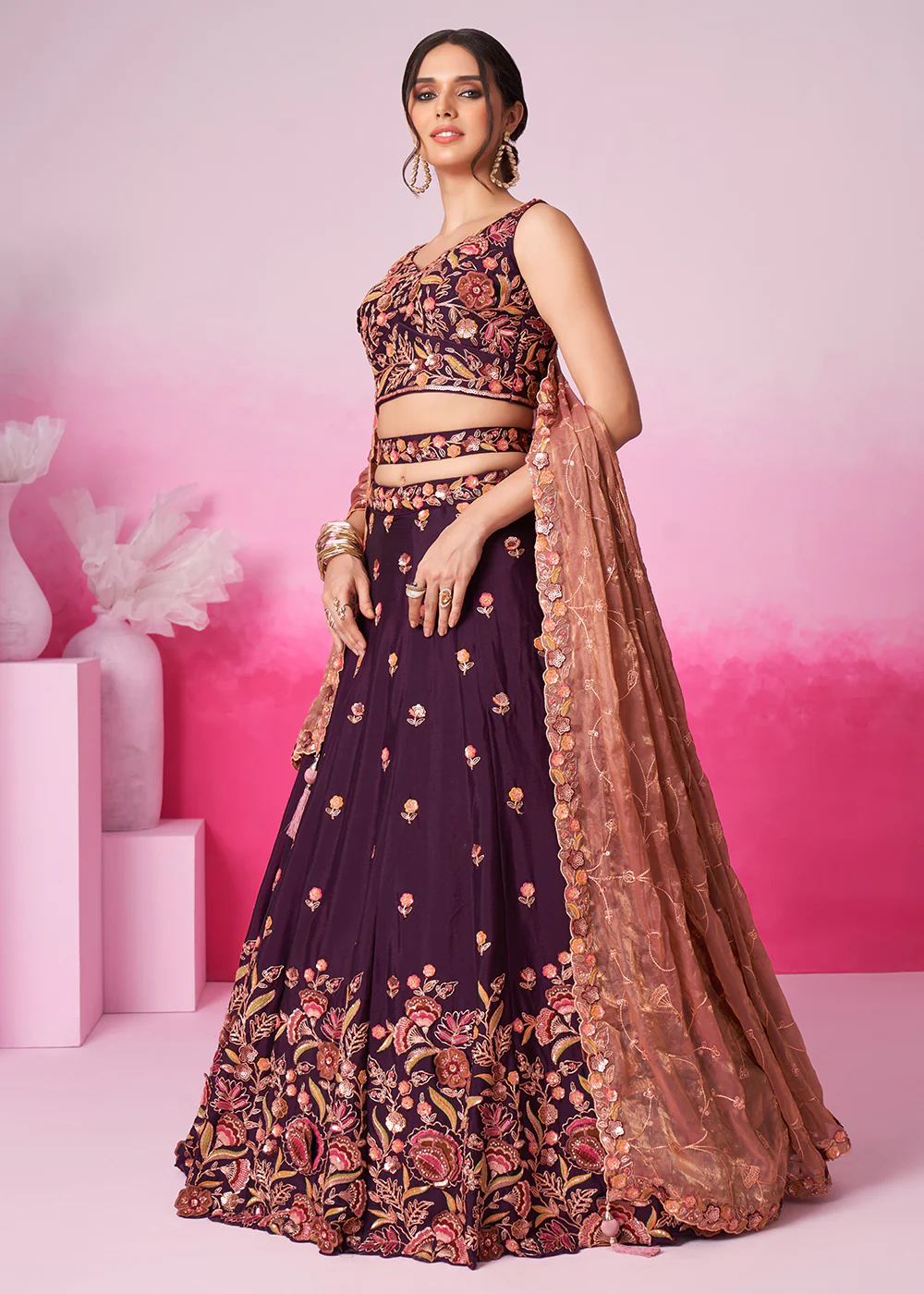 Designer Burgundy Chiffon Embroidered Wedding Lehenga Choli - Image 4