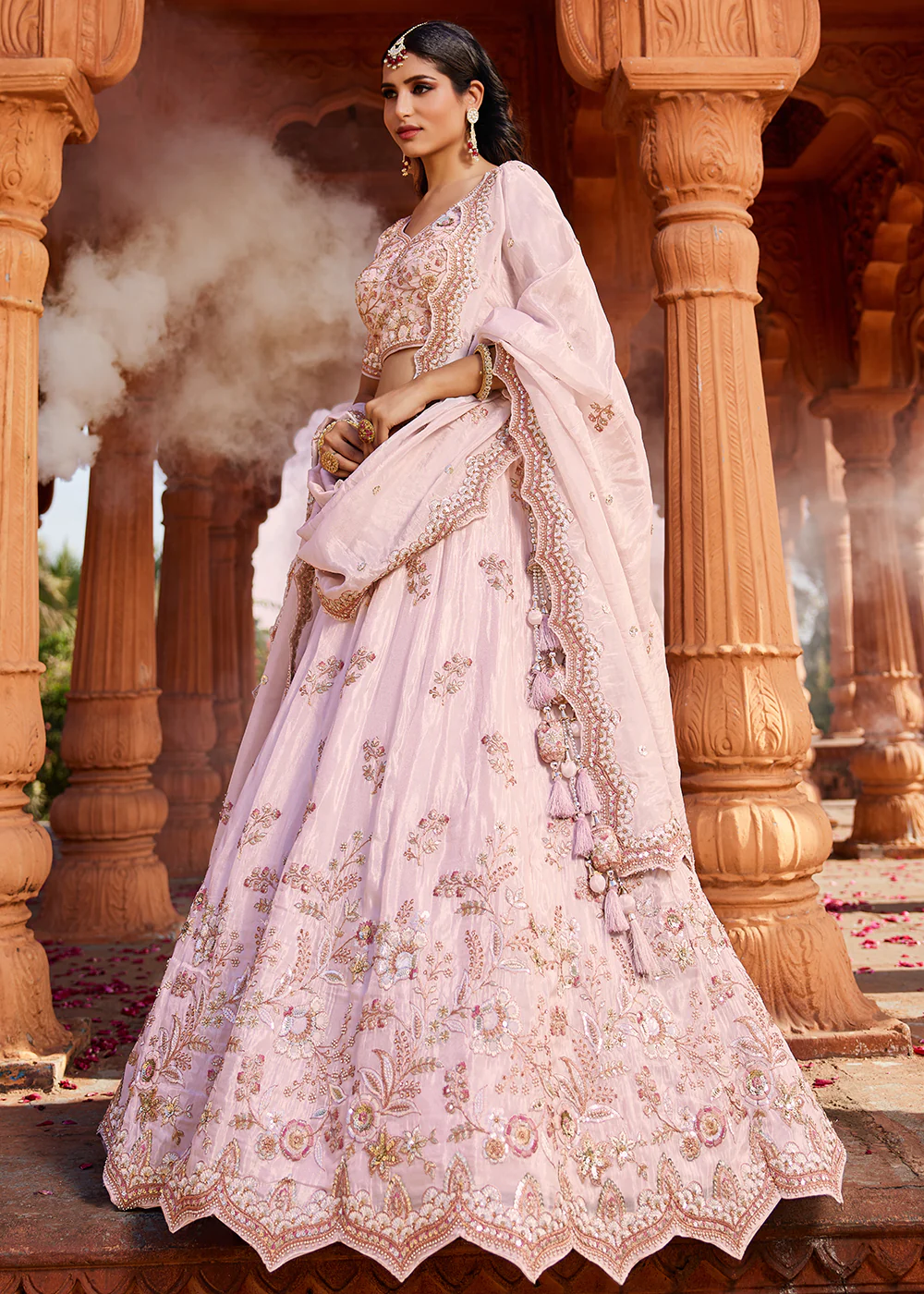 Designer Coral Pink Embroidered Bridal Lehenga Choli - Image 4