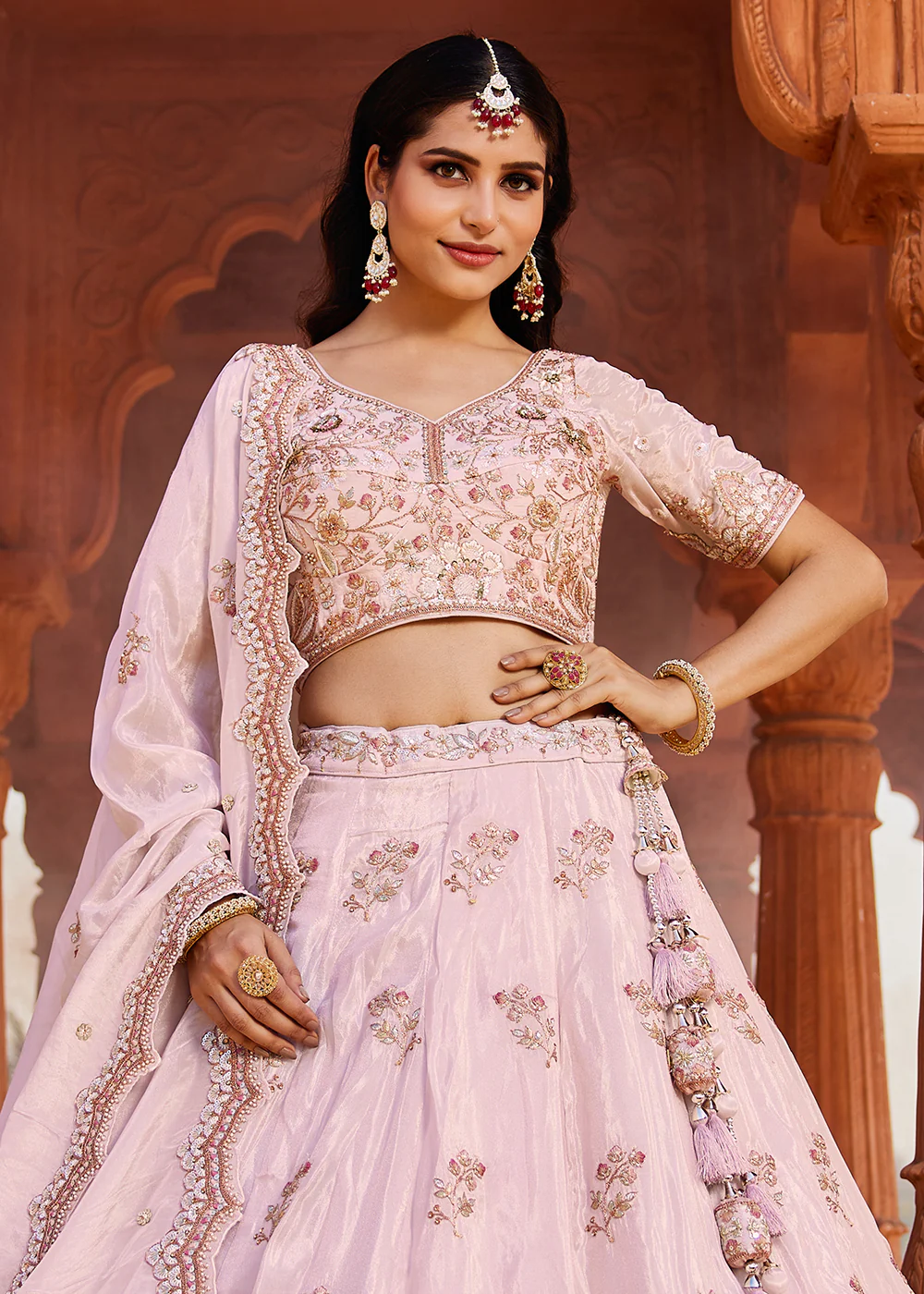 Designer Coral Pink Embroidered Bridal Lehenga Choli - Image 5
