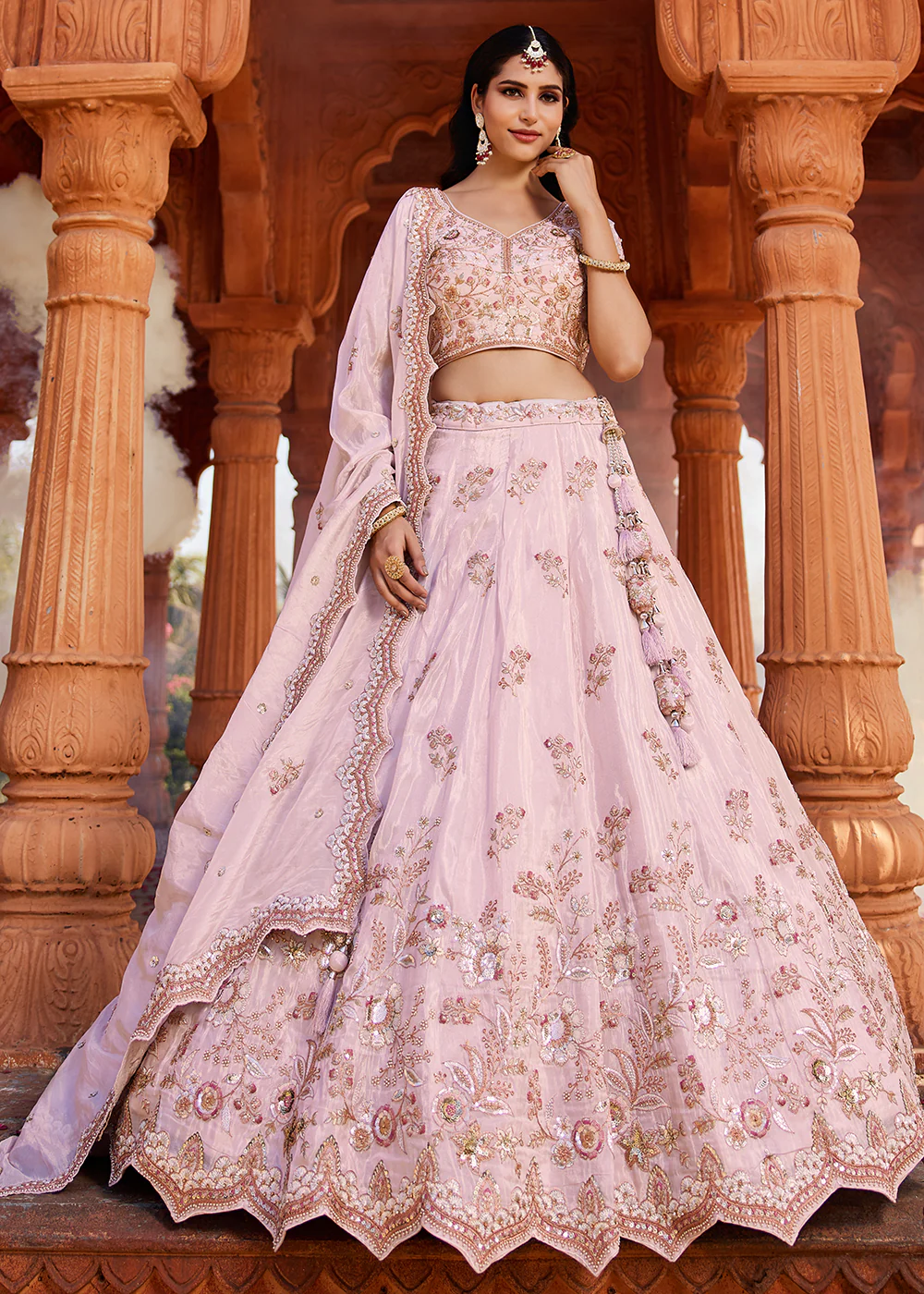Designer Coral Pink Embroidered Bridal Lehenga Choli - Image 6