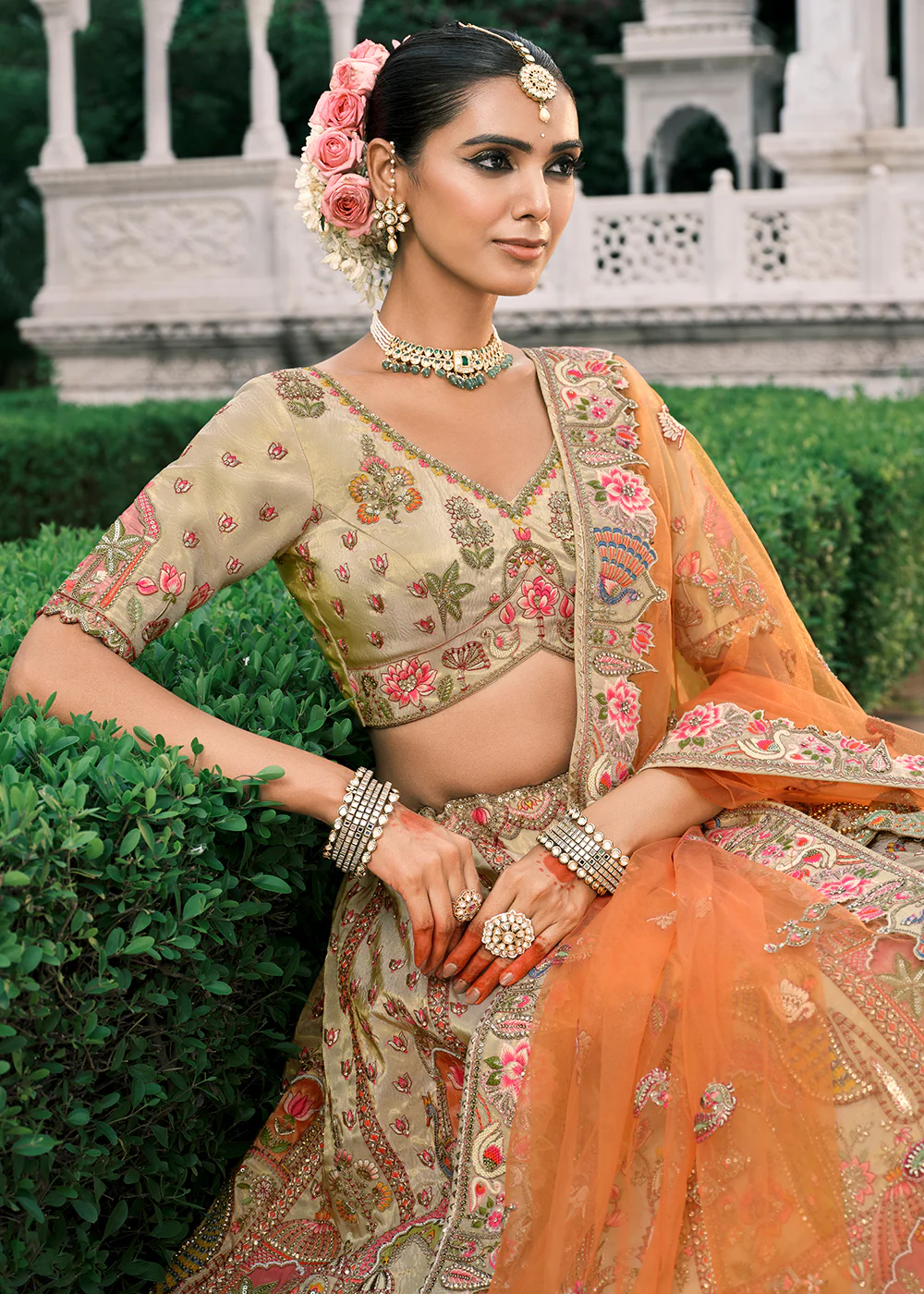 Designer Cream Bridal Silk Lehenga Choli - Image 2
