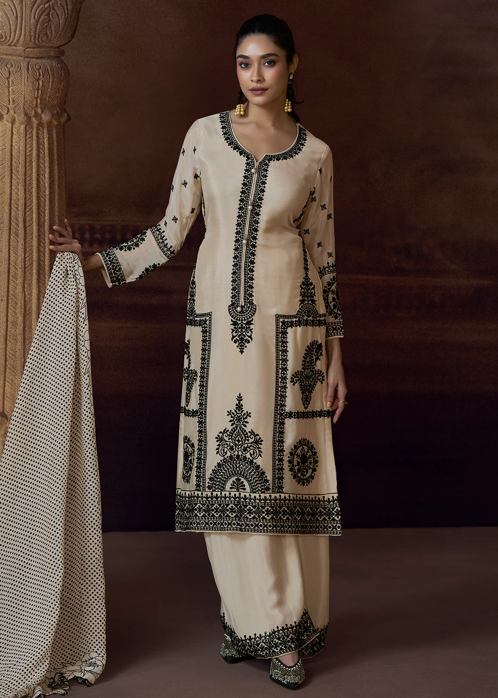 Designer Cream Chinnon Embroidered Eid Style Salwar Suit