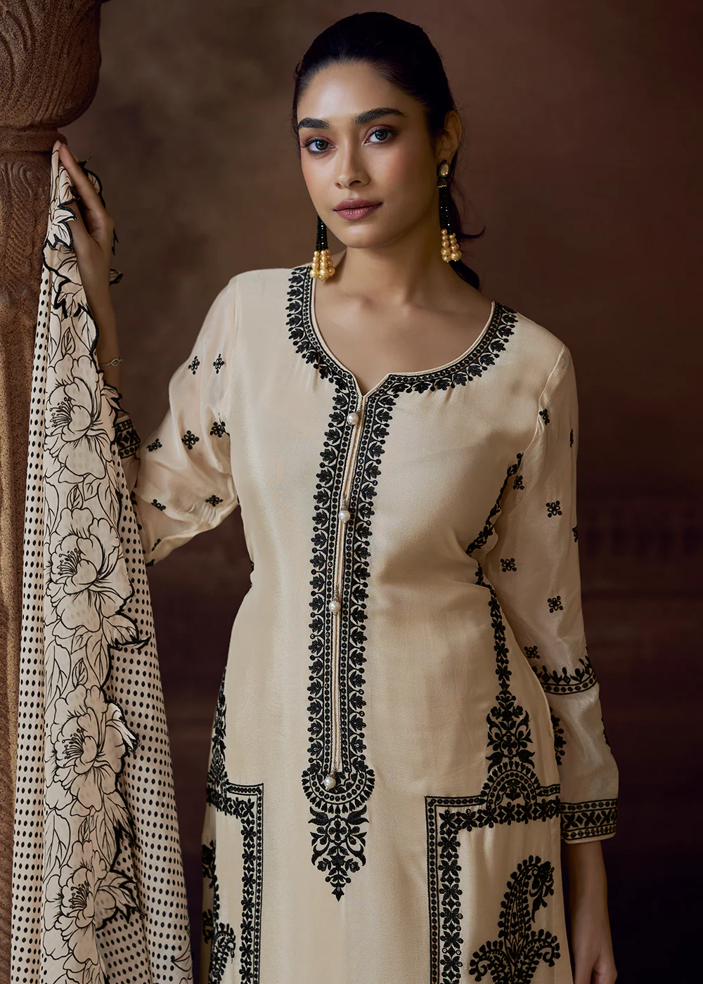 Designer Cream Chinnon Embroidered Eid Style Salwar Suit - Image 2