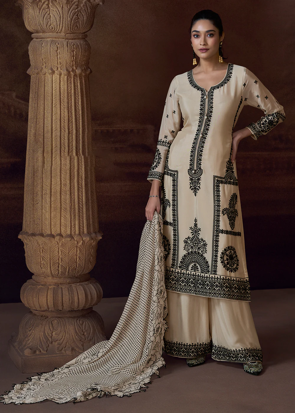 Designer Cream Chinnon Embroidered Eid Style Salwar Suit - Image 3