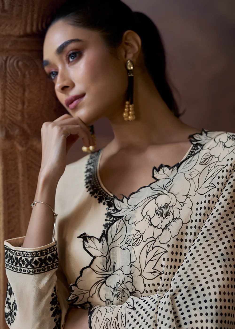 Designer Cream Chinnon Embroidered Eid Style Salwar Suit - Image 4