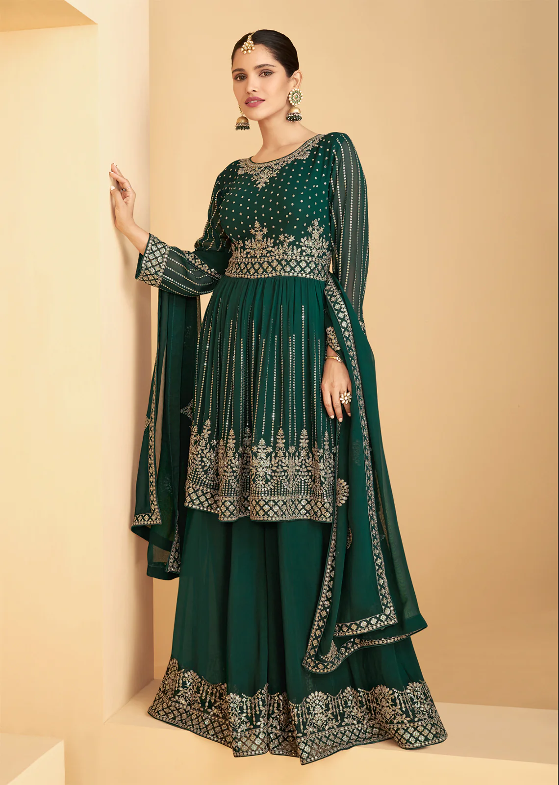 Designer Dark Green Georgette Pakistani Style Sharara Suit - Image 4