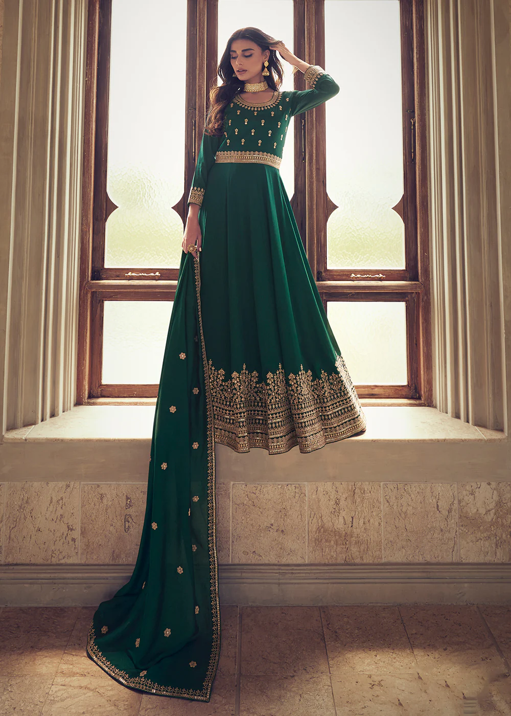 Designer Dark Green Silk Floor Length Anarkali Suit - Image 4