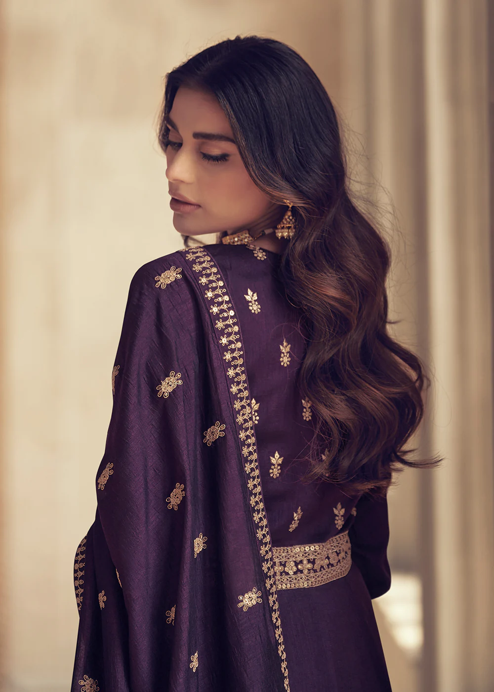 Designer Deep Purple Silk Floor Length Anarkali Suit - Image 3