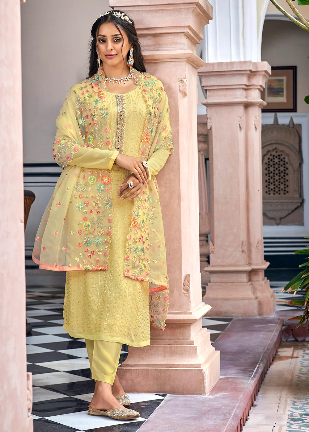 Designer Embroidered Light Yellow Trendy Salwar Suit