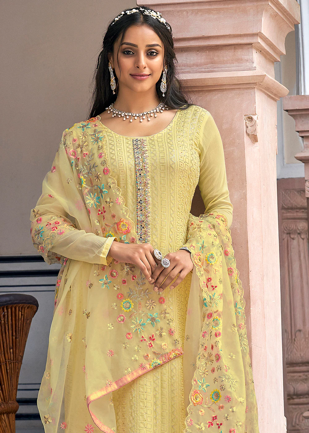 Designer Embroidered Light Yellow Trendy Salwar Suit - Image 3