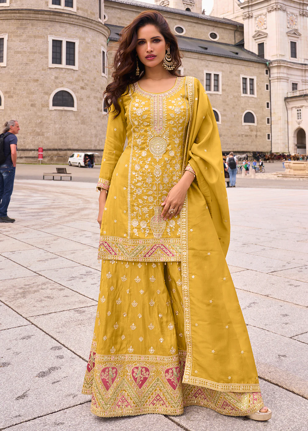 Designer & Festive Canary Yellow Palazzo Style Suit