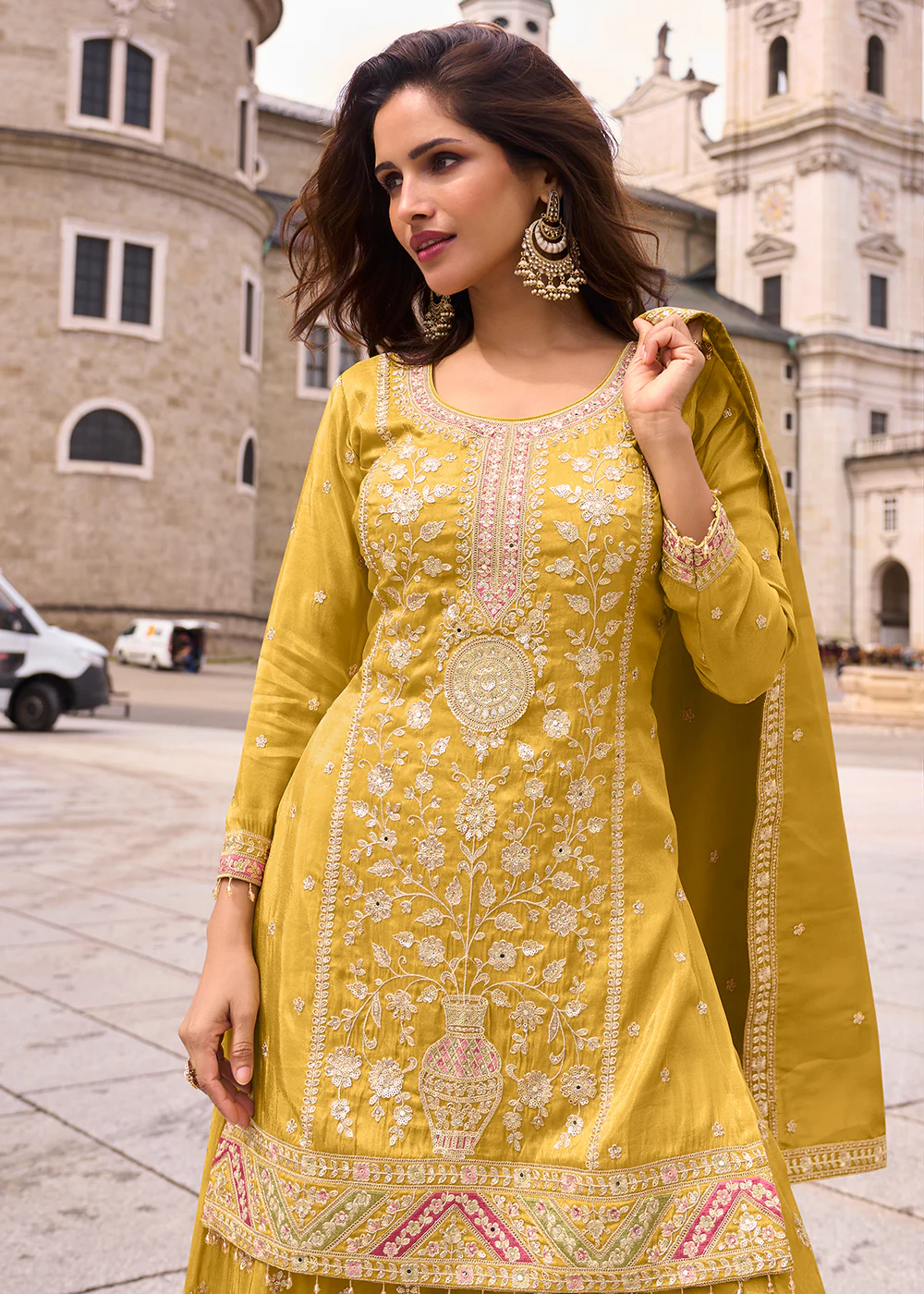 Designer & Festive Canary Yellow Palazzo Style Suit - Image 3