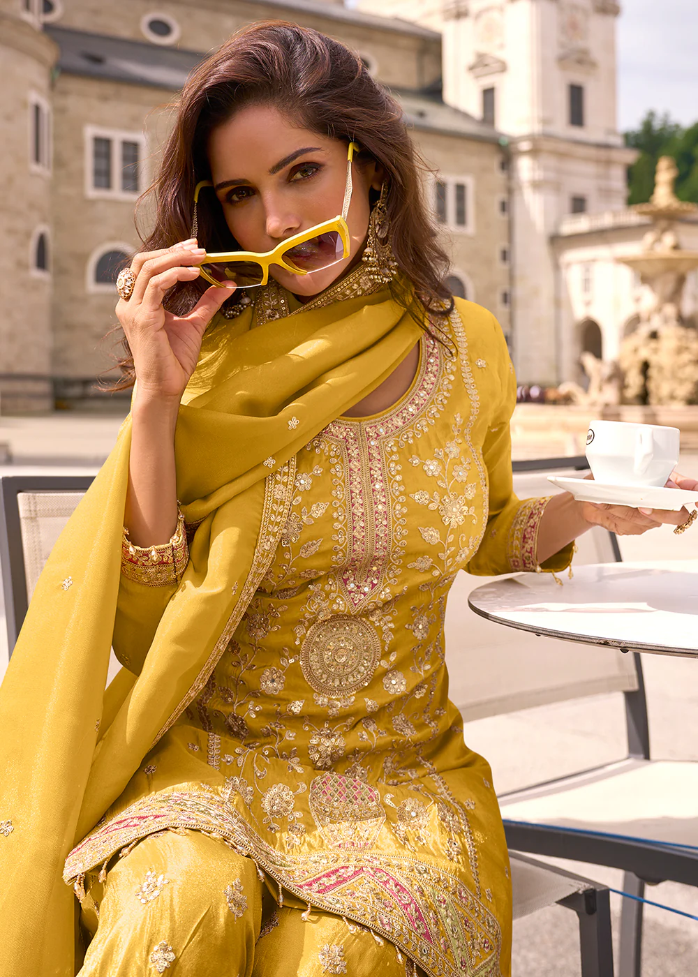 Designer & Festive Canary Yellow Palazzo Style Suit - Image 4