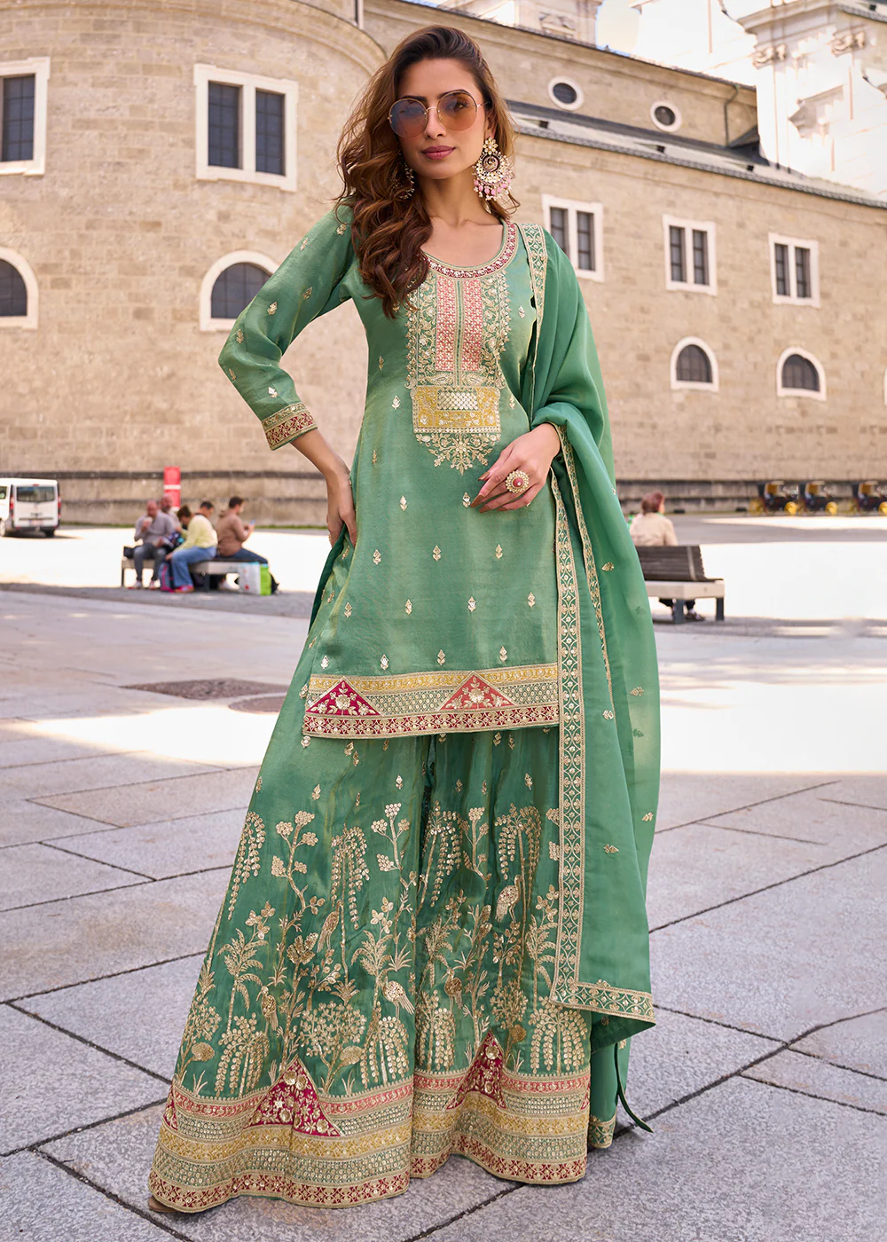 Designer & Festive Cool Green Palazzo Style Suit