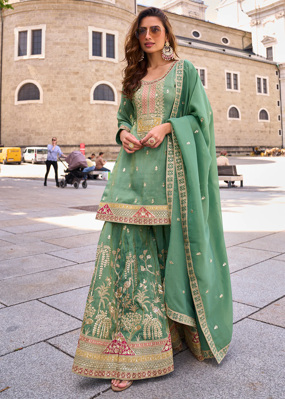Designer & Festive Cool Green Palazzo Style Suit - Image 3