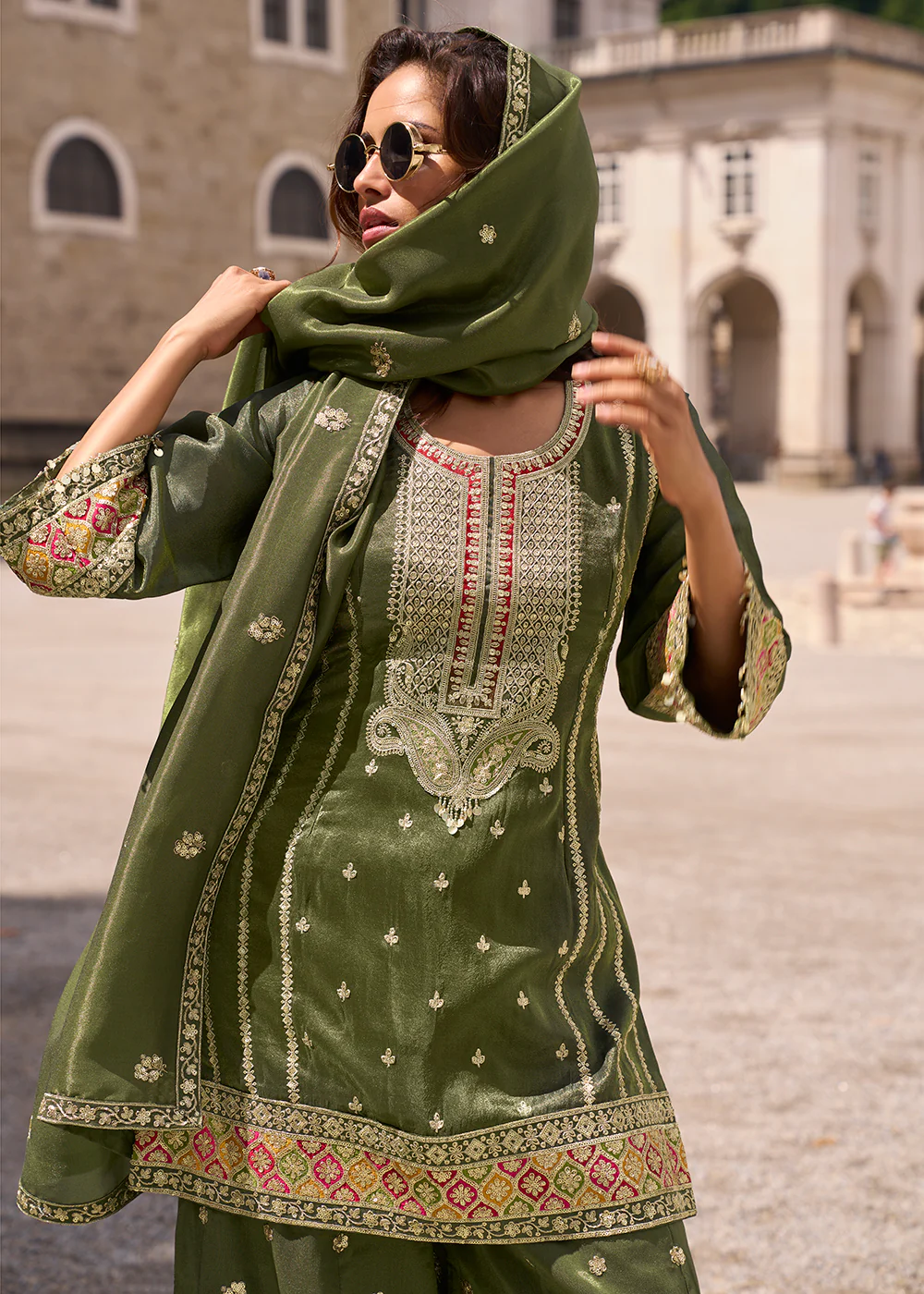 Designer & Festive Mehndi Green Palazzo Style Suit - Image 2