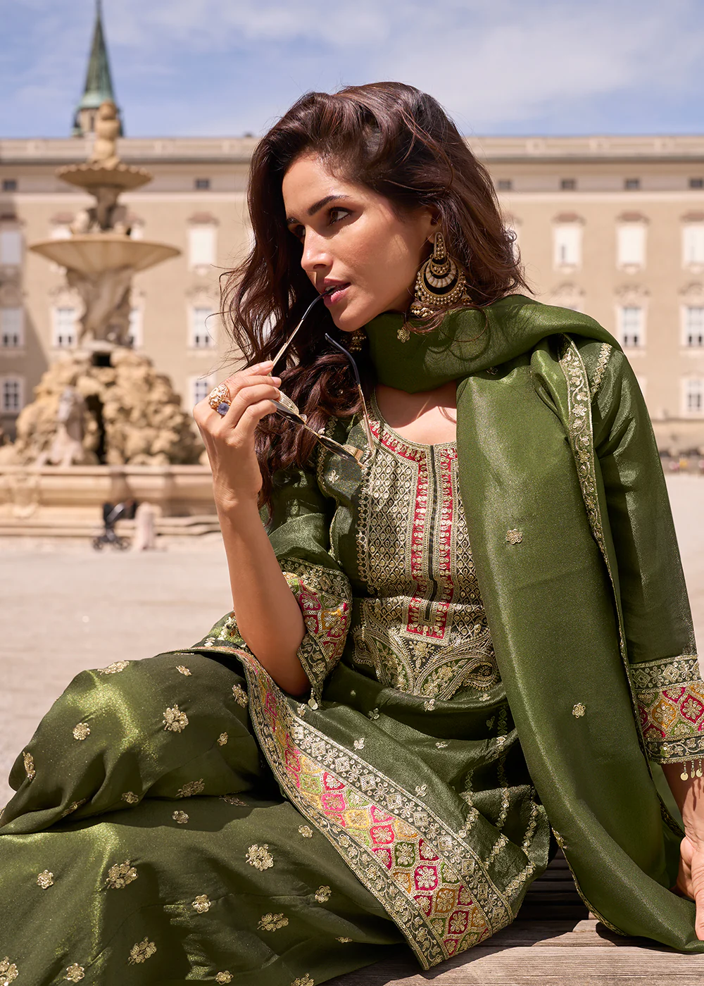 Designer & Festive Mehndi Green Palazzo Style Suit - Image 3