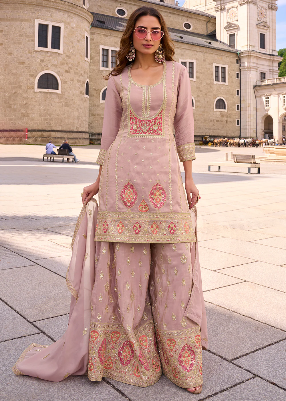Designer & Festive Rose Pink Palazzo Style Suit