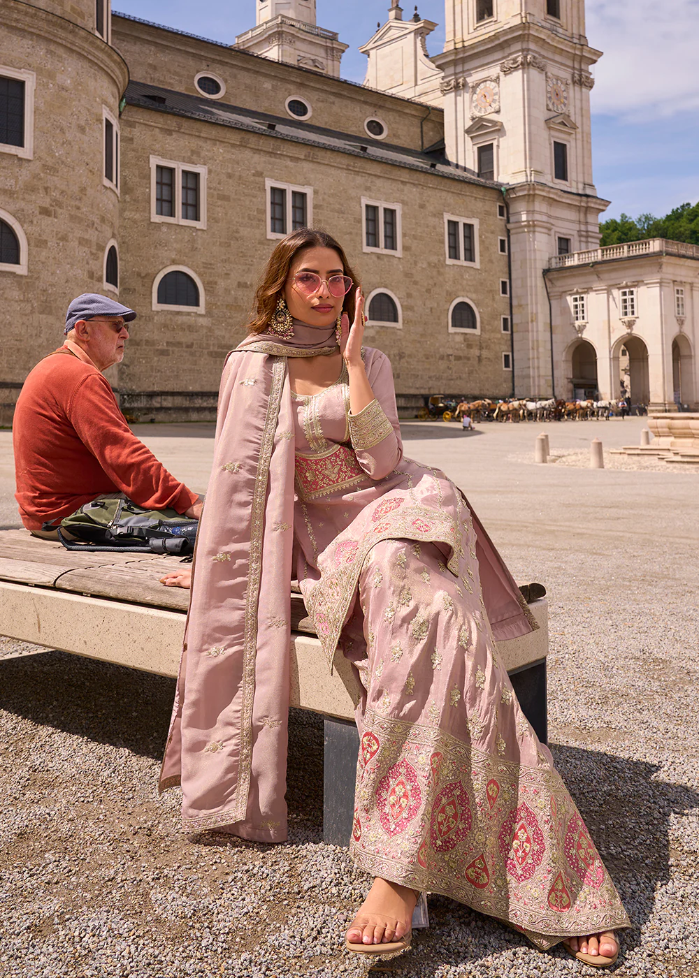 Designer & Festive Rose Pink Palazzo Style Suit - Image 3
