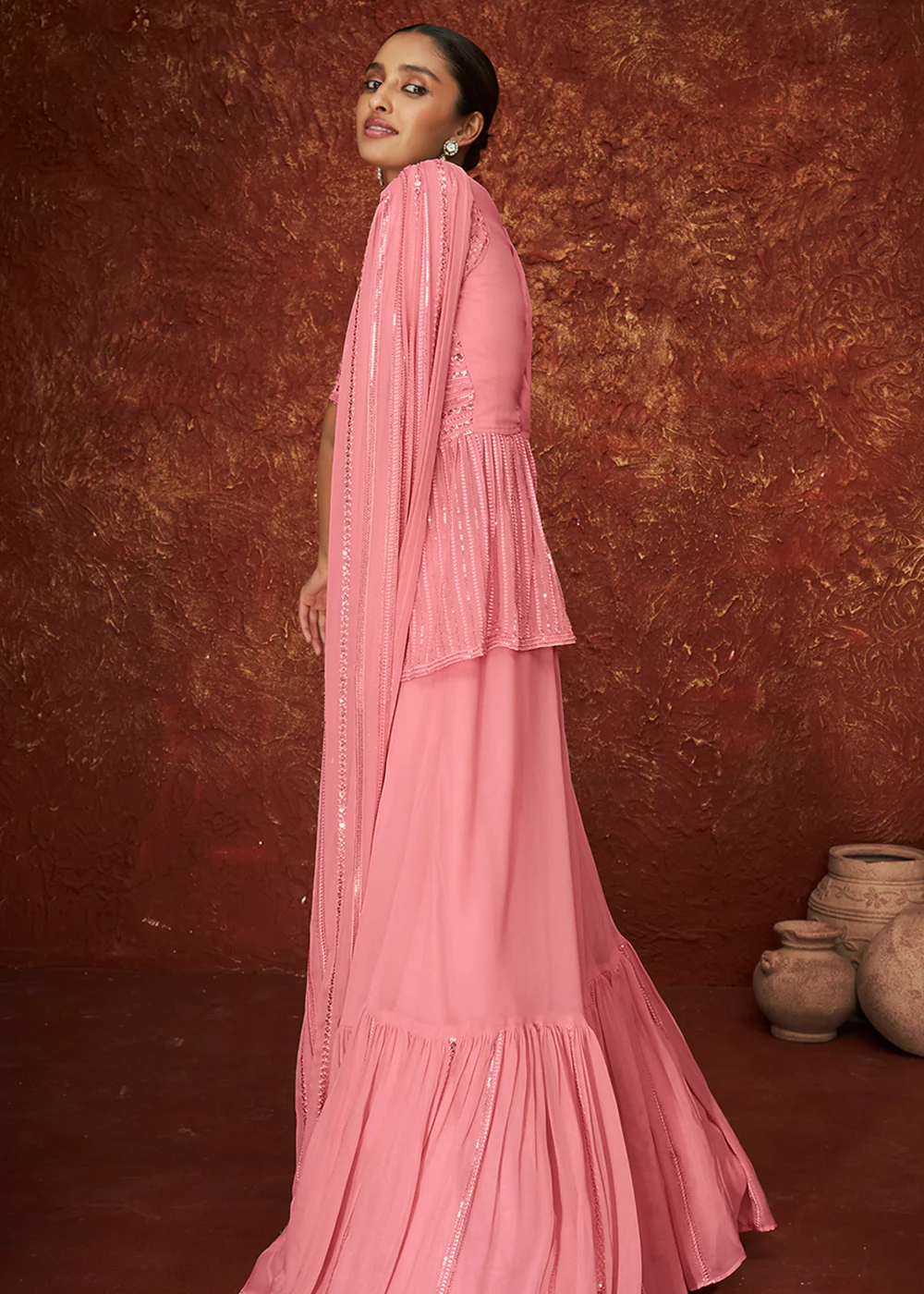 Designer French Pink Peplum Style Sharara Suit for Wedding - Image 3