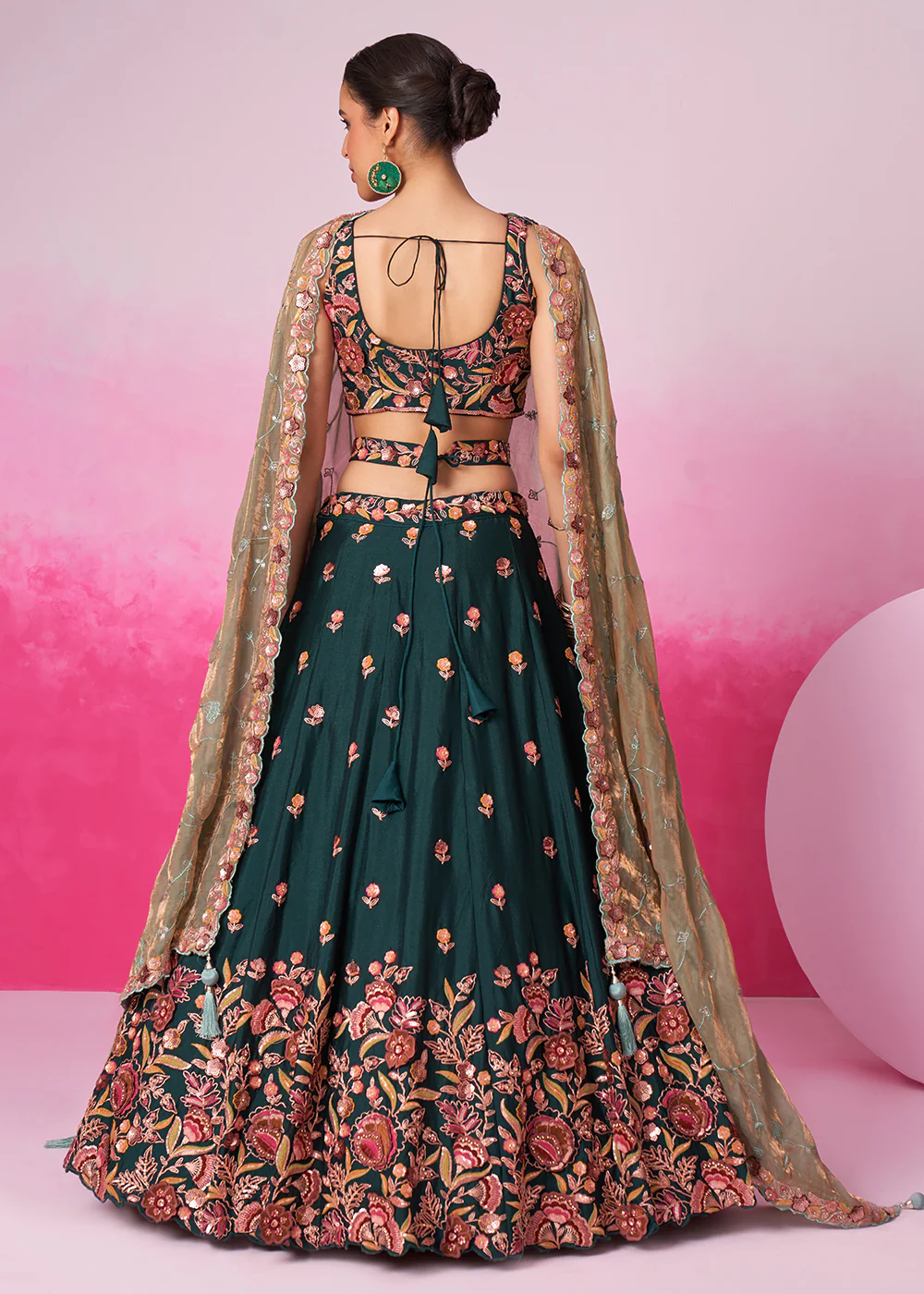 Designer Green Chiffon Embroidered Wedding Lehenga Choli - Image 3