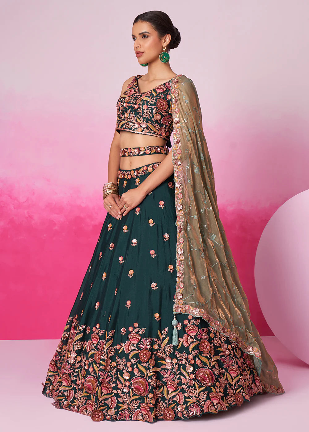 Designer Green Chiffon Embroidered Wedding Lehenga Choli - Image 4