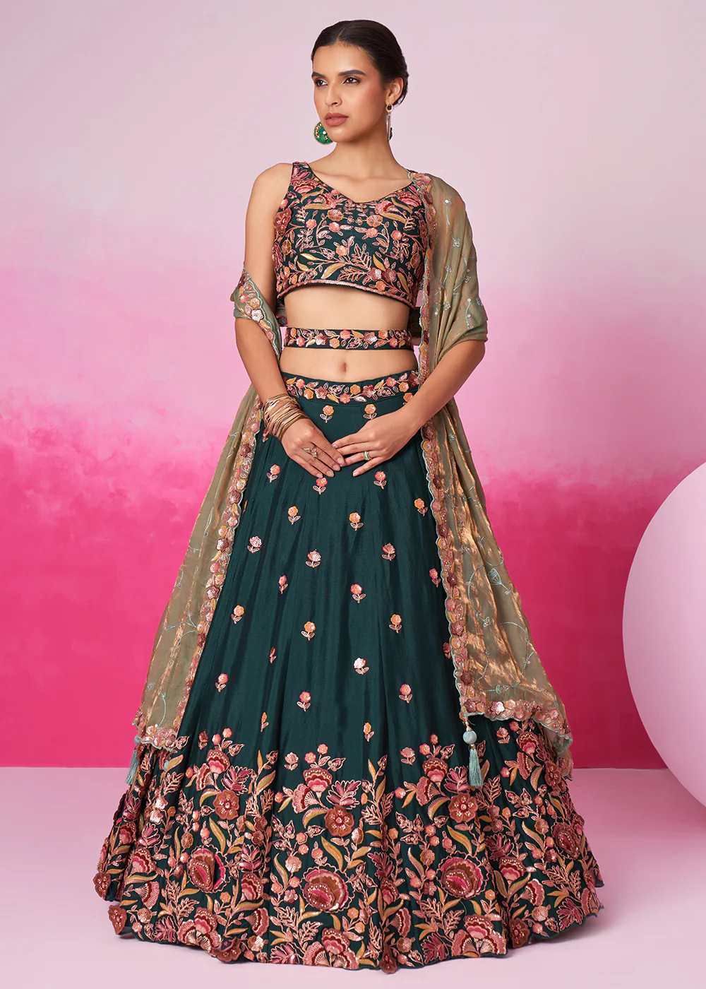 Designer Green Chiffon Embroidered Wedding Lehenga Choli - Image 5