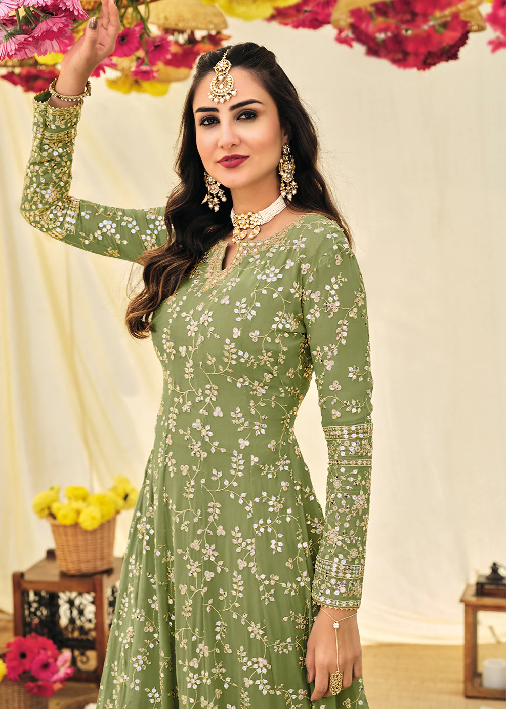Designer Green Embroidered Georgette Anarkali Suit - Image 3