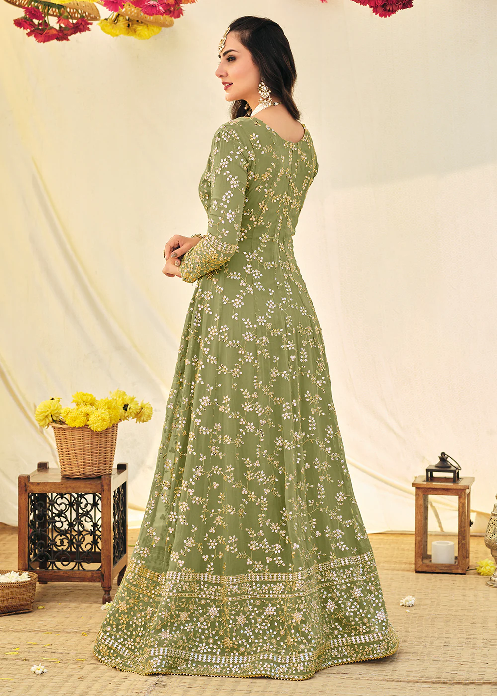 Designer Green Embroidered Georgette Anarkali Suit - Image 4