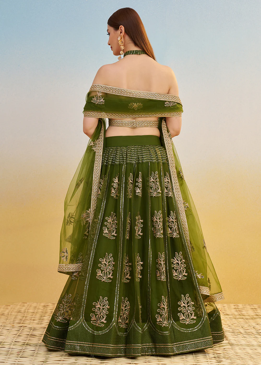 Designer Green Embroidered Wedding Party Lehenga Choli - Image 3