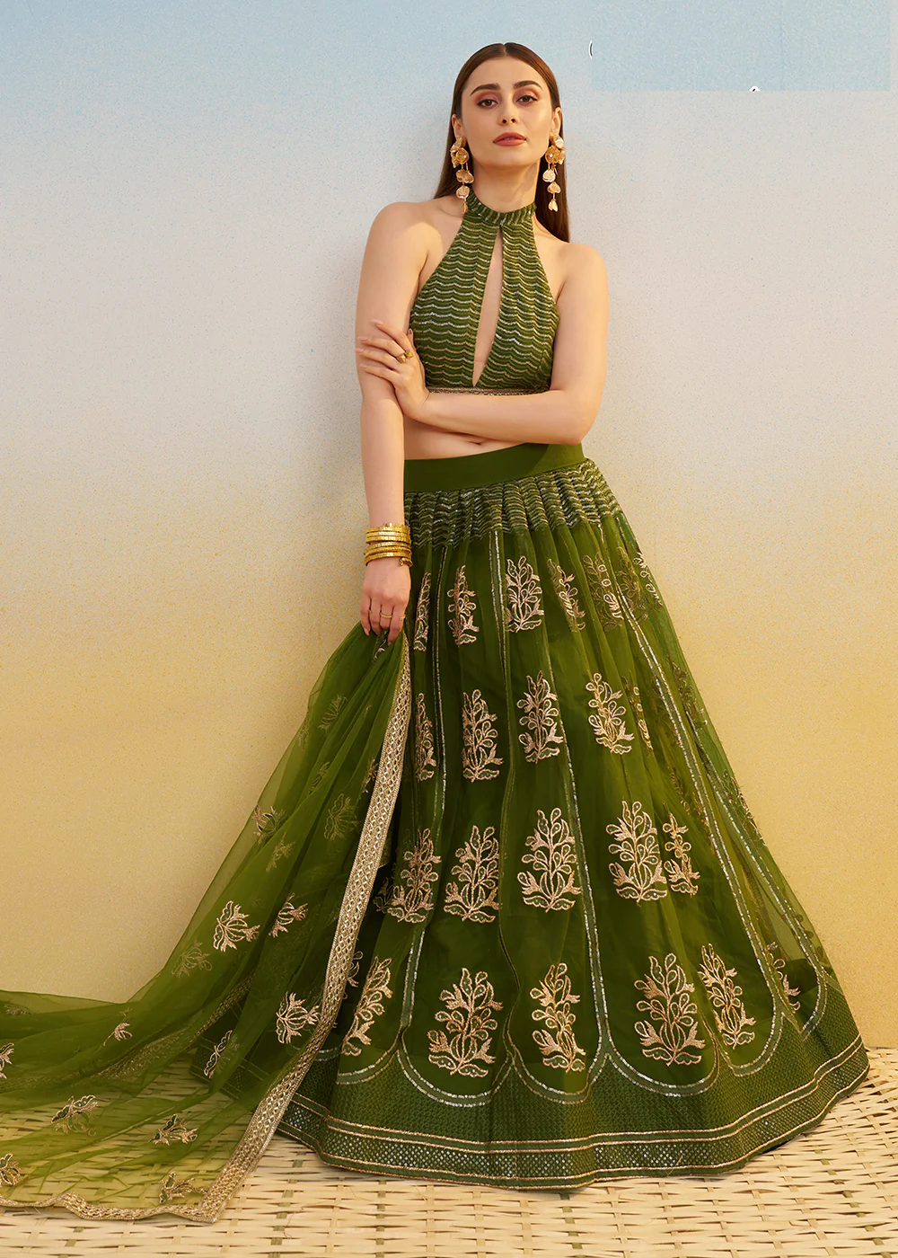 Designer Green Embroidered Wedding Party Lehenga Choli - Image 4
