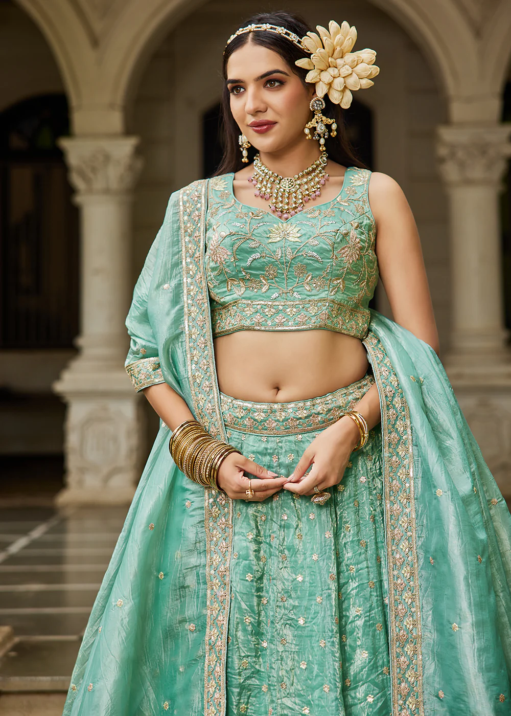 Designer Green Heavy Embroidered Bridal Lehenga Choli - Image 2