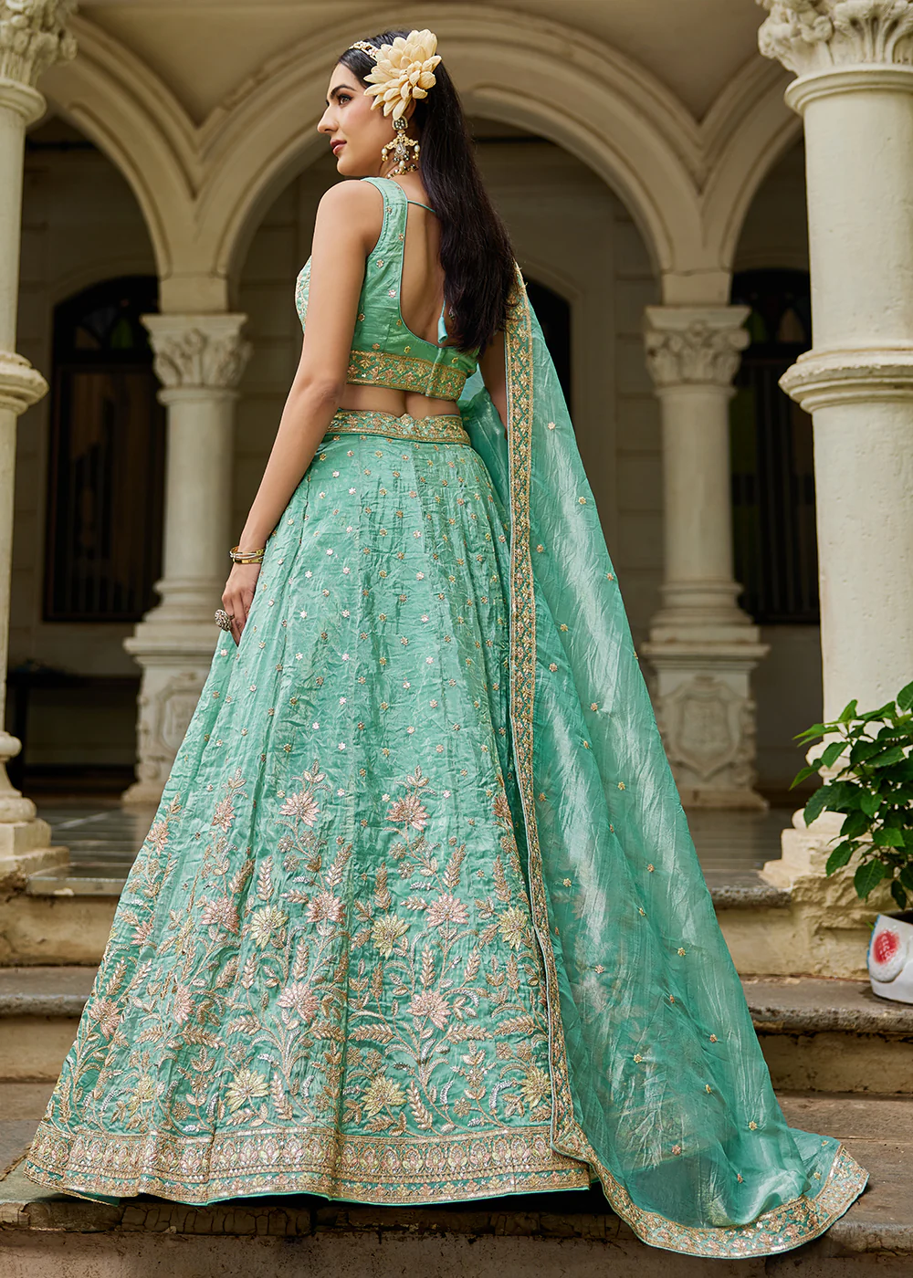 Designer Green Heavy Embroidered Bridal Lehenga Choli - Image 3