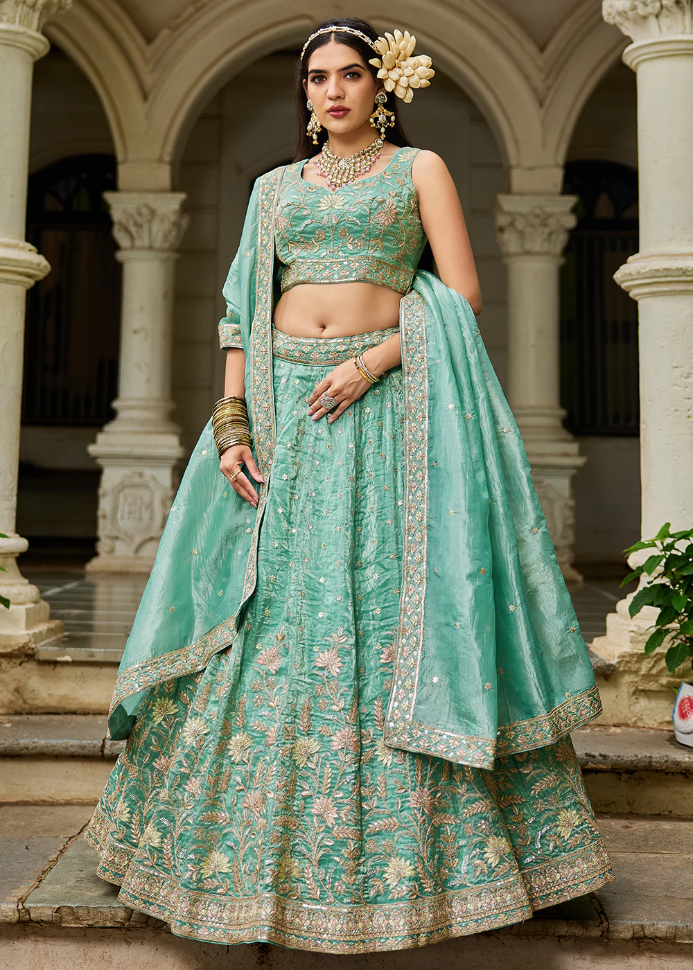 Designer Green Heavy Embroidered Bridal Lehenga Choli - Image 4