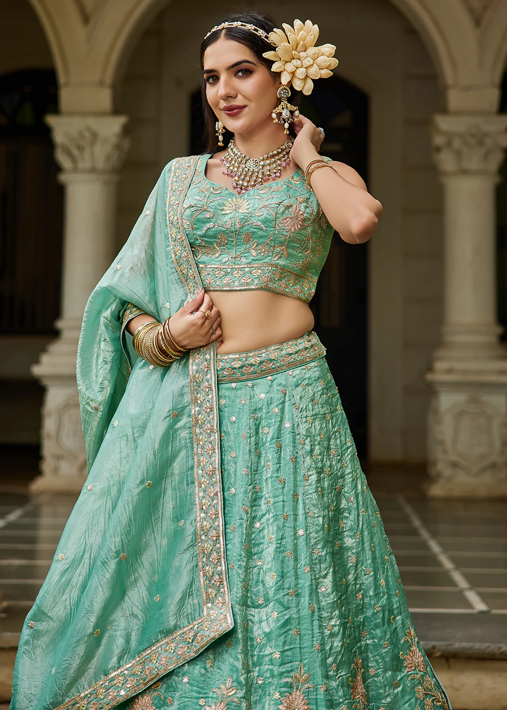 Designer Green Heavy Embroidered Bridal Lehenga Choli - Image 5