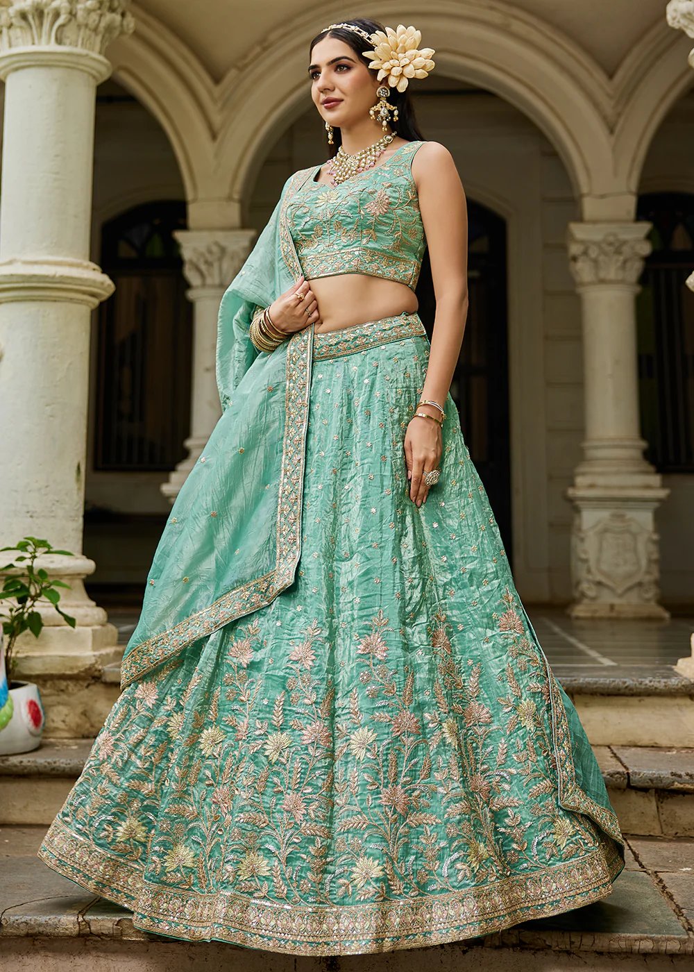 Designer Green Heavy Embroidered Bridal Lehenga Choli - Image 6