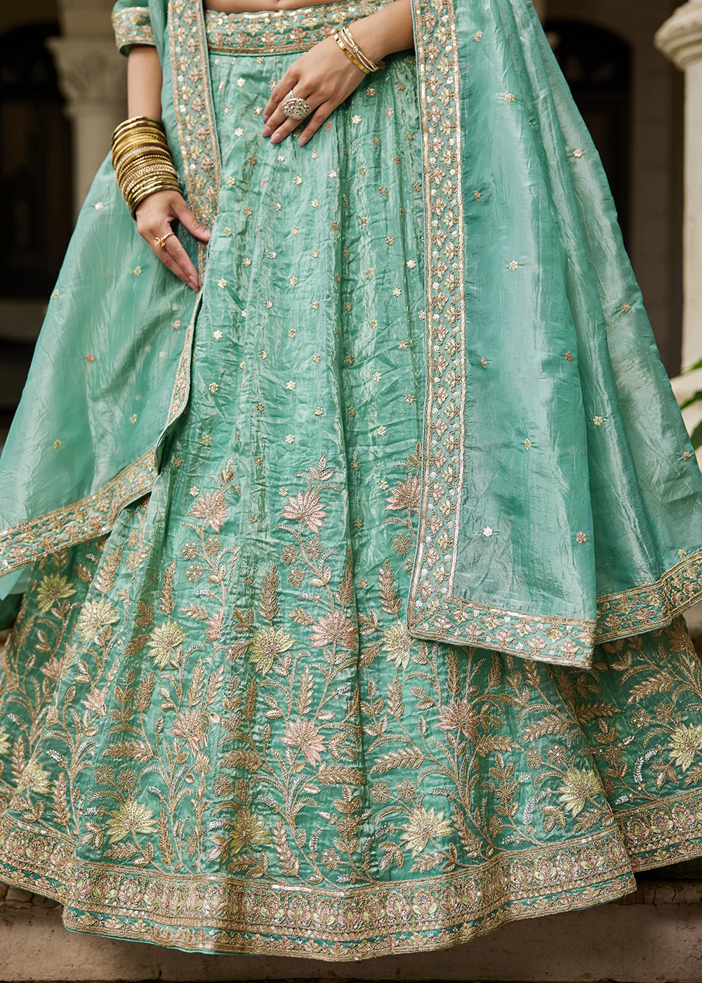 Designer Green Heavy Embroidered Bridal Lehenga Choli - Image 7