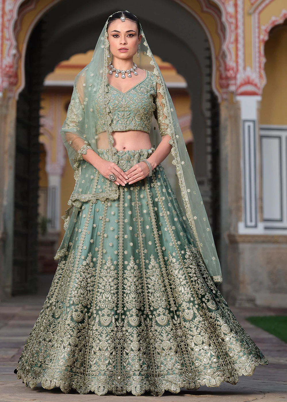 Designer Green Net Embroidered Wedding Lehenga Choli