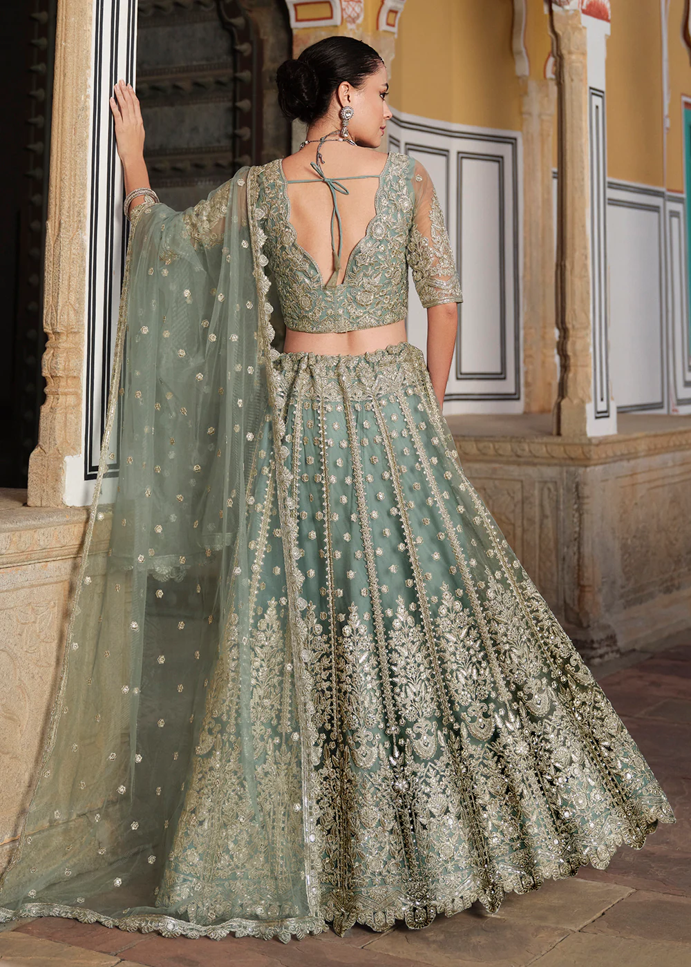 Designer Green Net Embroidered Wedding Lehenga Choli - Image 3