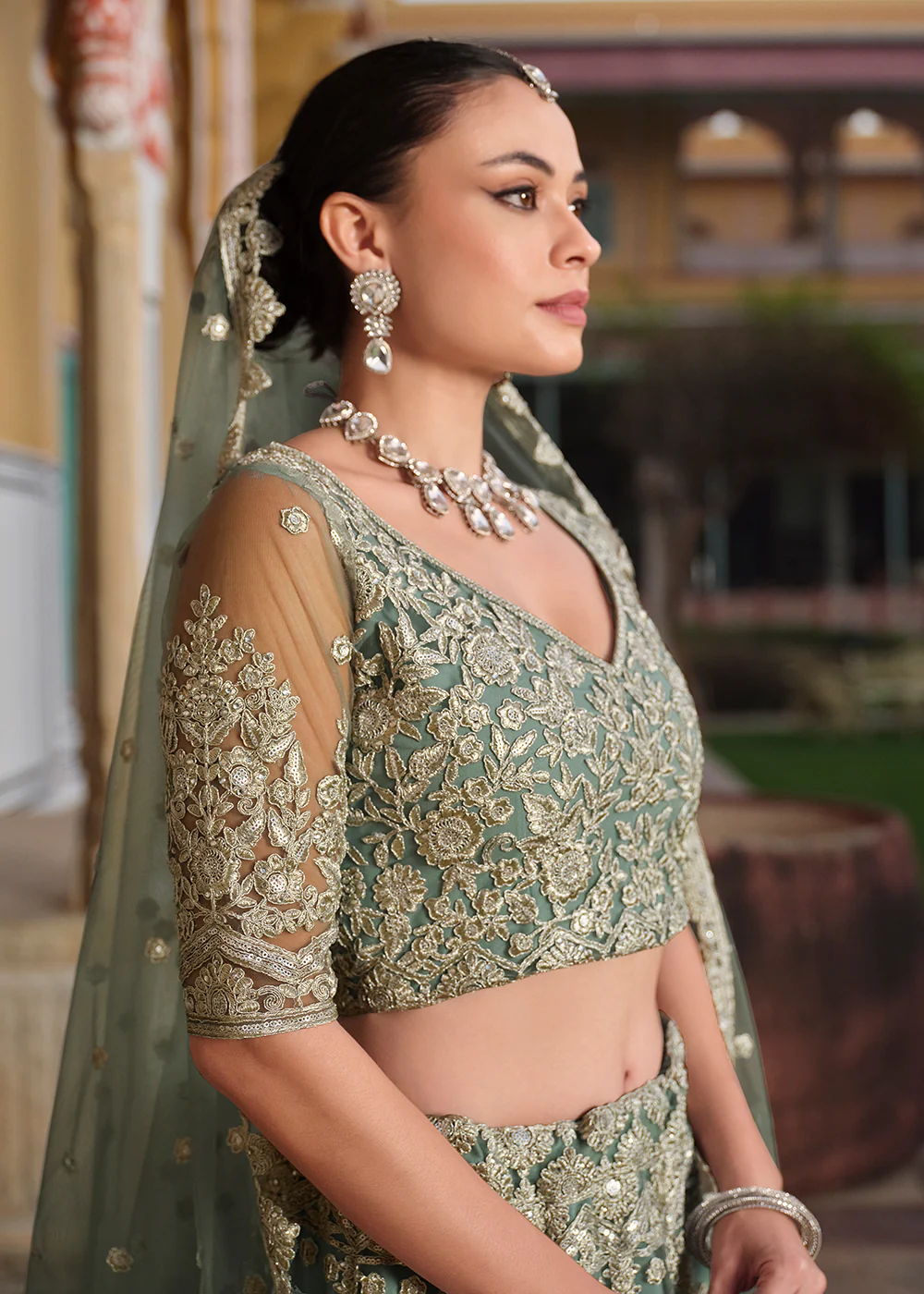 Designer Green Net Embroidered Wedding Lehenga Choli - Image 4
