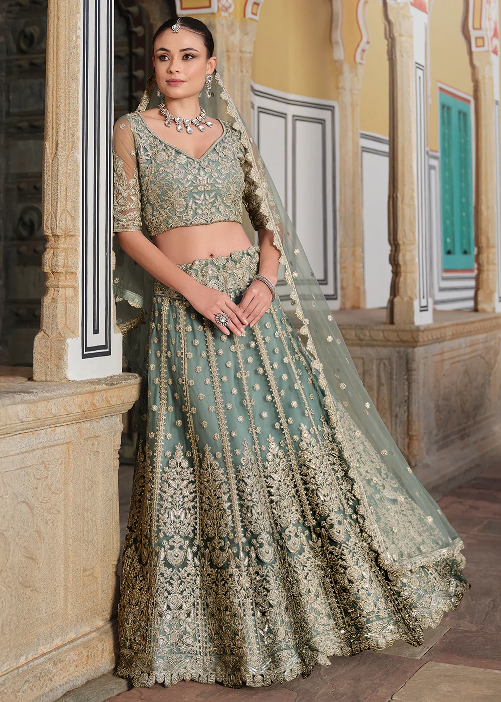 Designer Green Net Embroidered Wedding Lehenga Choli - Image 5