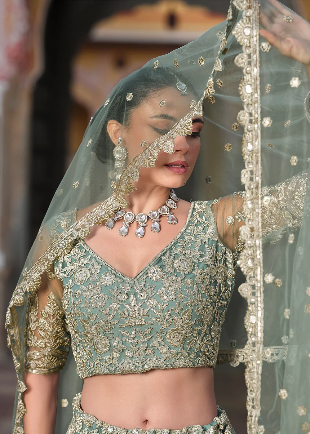 Designer Green Net Embroidered Wedding Lehenga Choli - Image 6