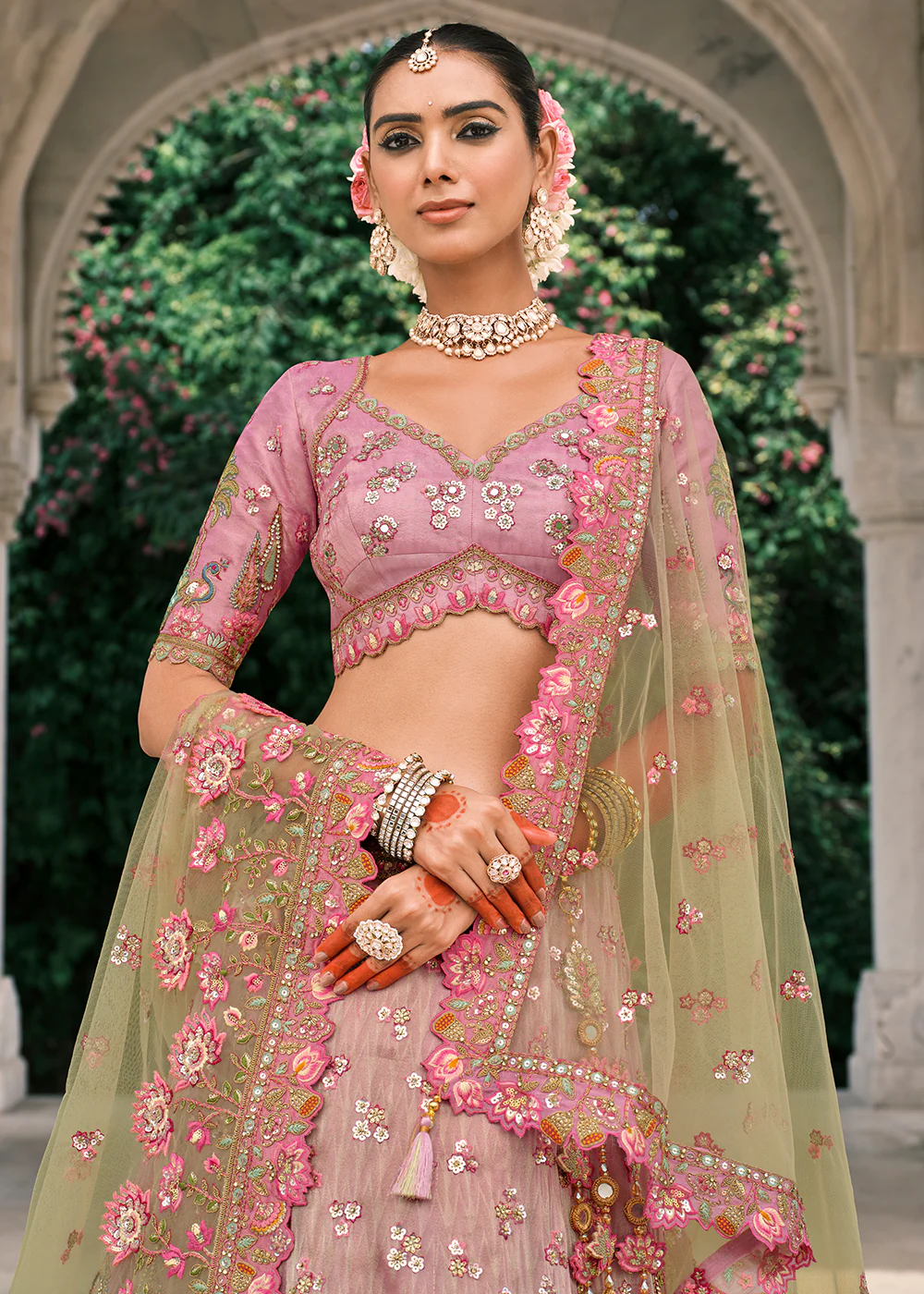 Designer Green & Pink Bridal Silk Lehenga Choli - Image 2
