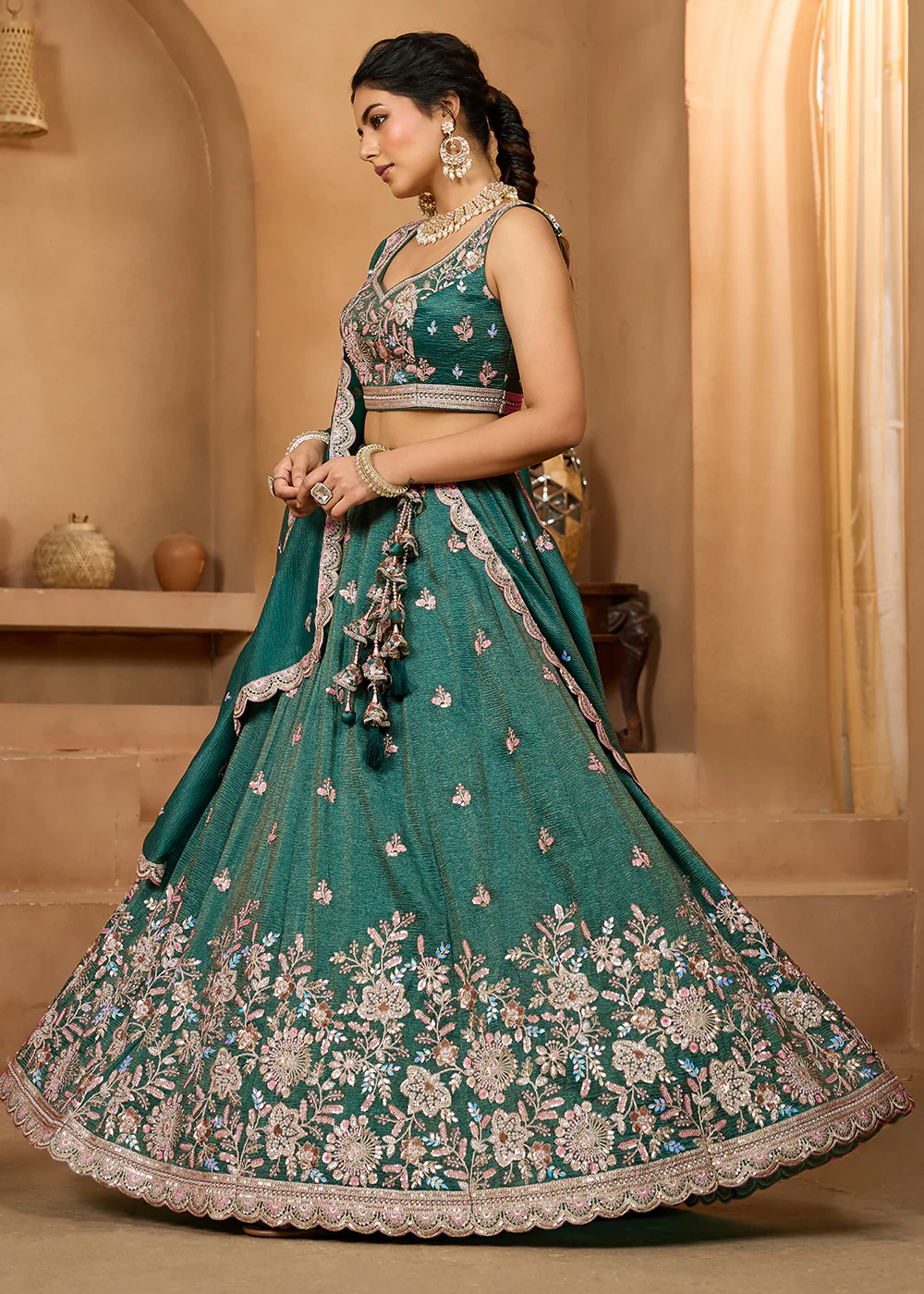 Designer Green Wedding Style Tissue Lehenga Choli - Image 5