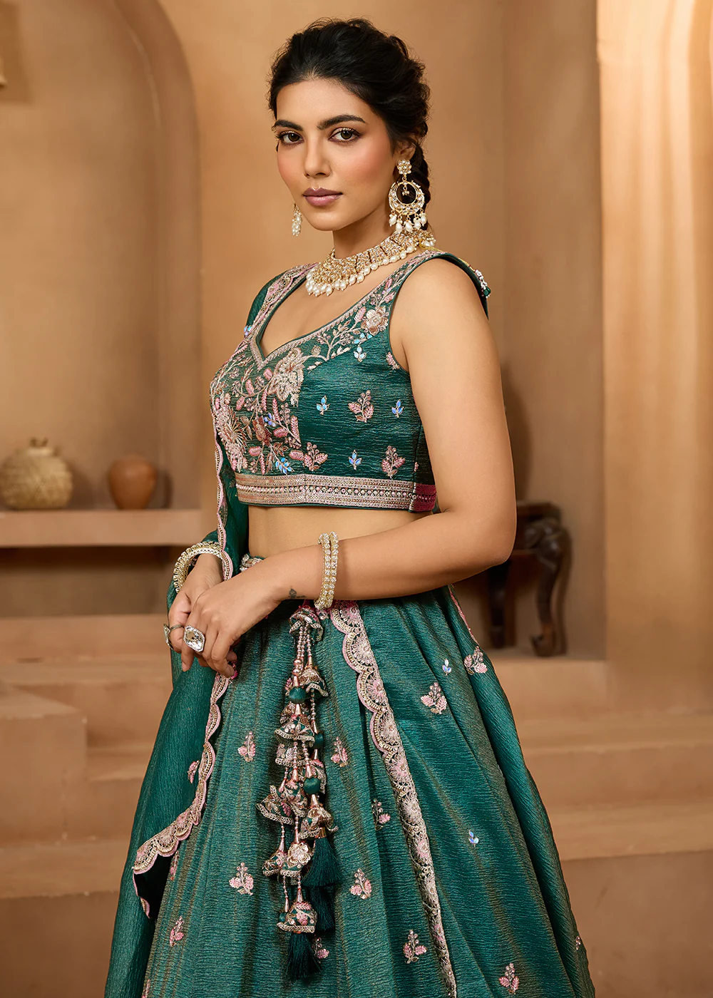 Designer Green Wedding Style Tissue Lehenga Choli - Image 6