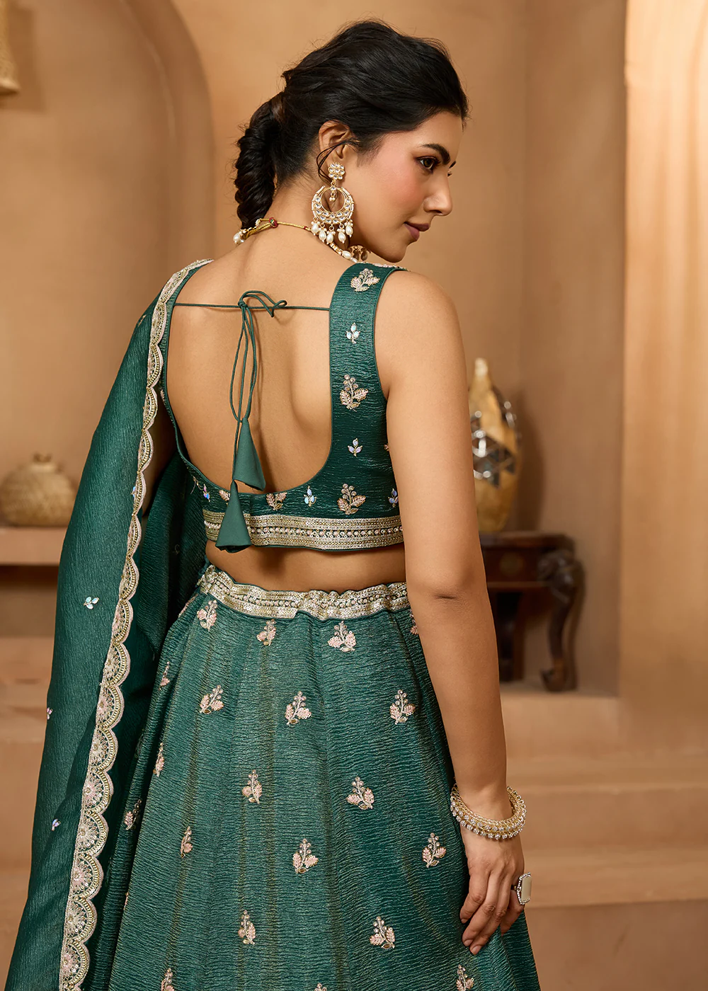 Designer Green Wedding Style Tissue Lehenga Choli - Image 7