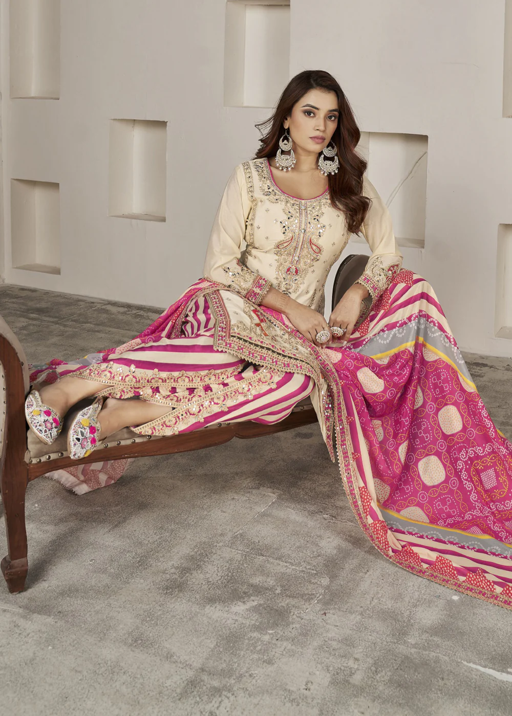 Designer Ivory Beige Punjabi Style Dhoti Style Salwar Suit - Image 3