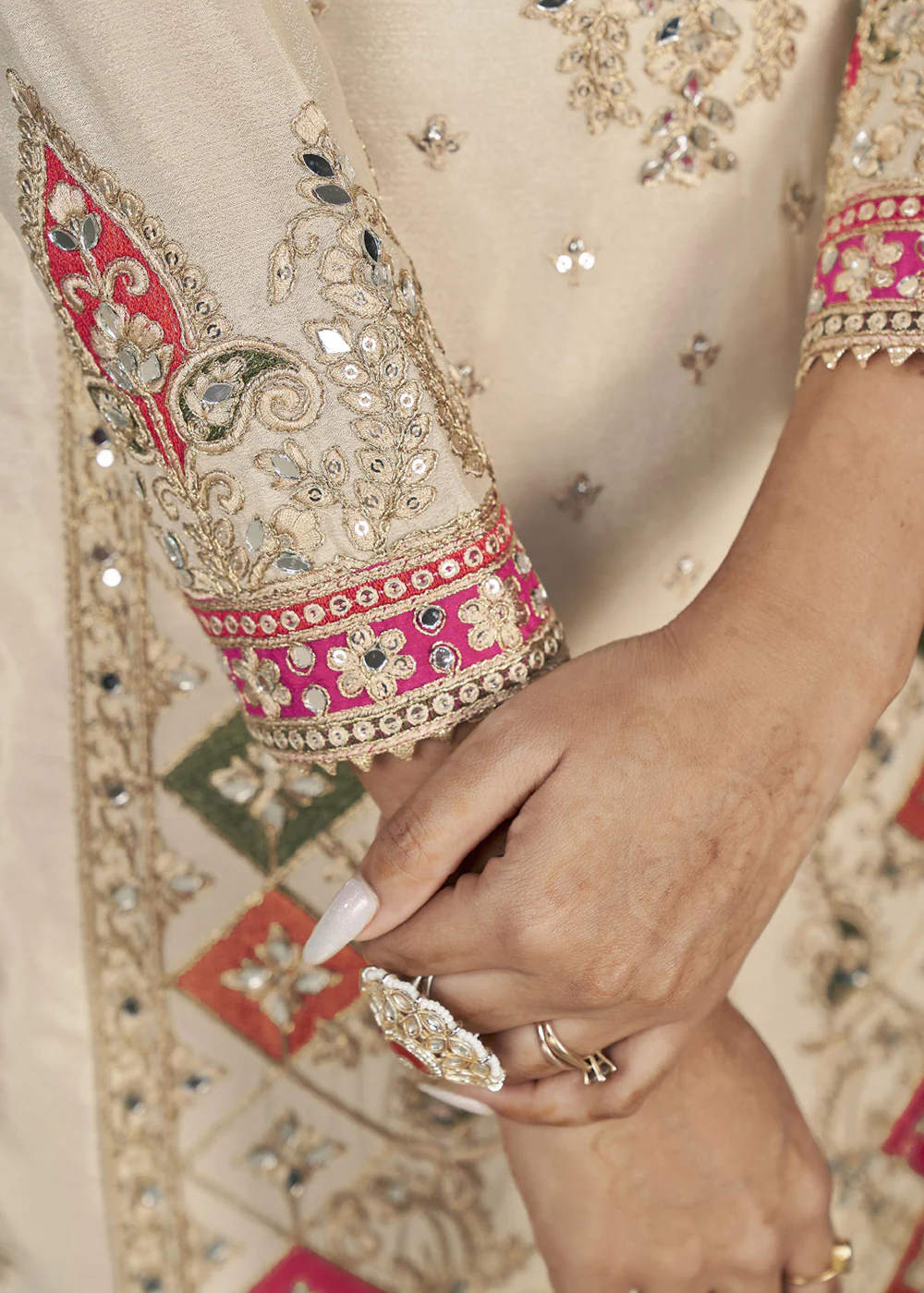 Designer Ivory Beige Punjabi Style Dhoti Style Salwar Suit - Image 4